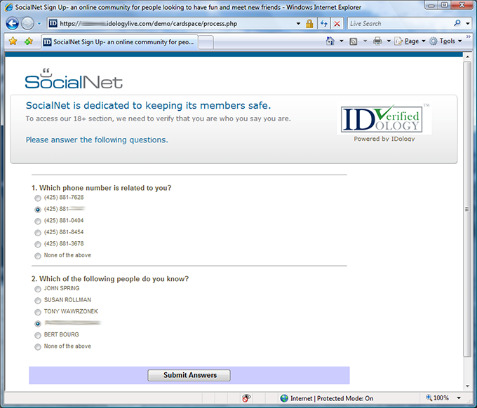 SocialNet verification questions