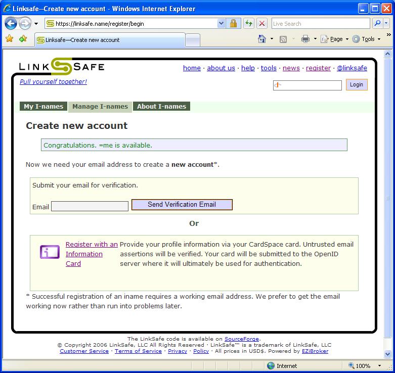 LinkSafe.name i-name signup with Information Card